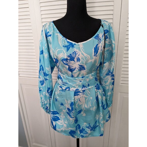 Carlisle Collection Top Women sz 12 100% Silk Blue Boho Long Sleeve Blouse Sash - Picture 1 of 16